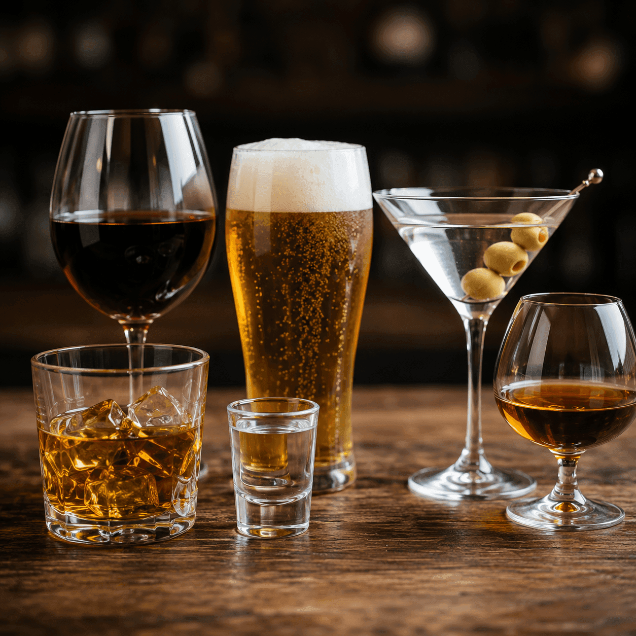 Educational visual for Alcohol profile — drinks on wooden surface
