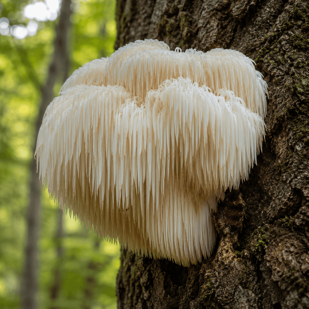Educational visual for Lion's Mane profile — Hericium erinaceus on tree
