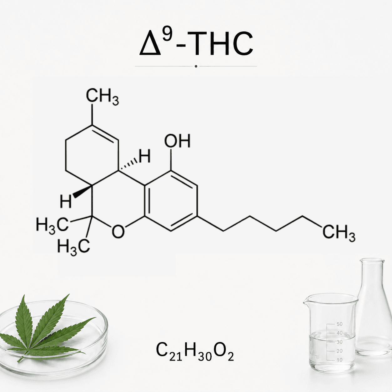 THC molecular structure and cannabis leaf — founder-provided scientific education visual
